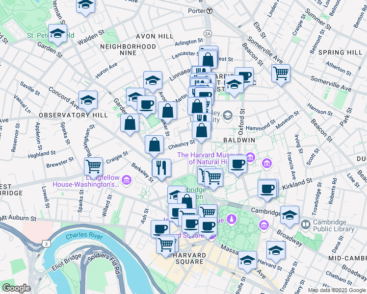 map of restaurants, bars, coffee shops, grocery stores, and more near 2 Chauncy Street in Cambridge