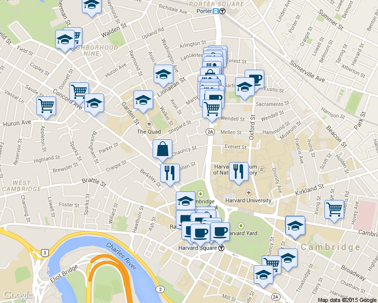 map of restaurants, bars, coffee shops, grocery stores, and more near 2 Chauncy Street in Cambridge