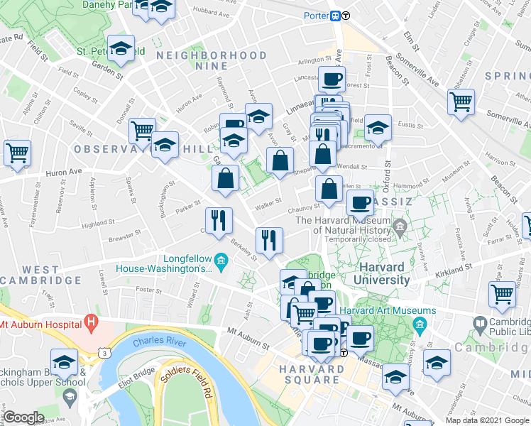 map of restaurants, bars, coffee shops, grocery stores, and more near 2 Walker Street Place in Cambridge