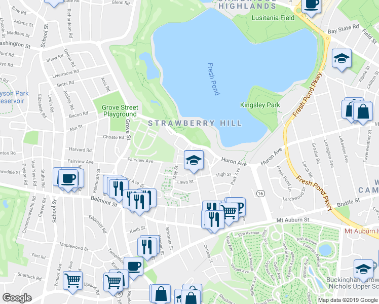 map of restaurants, bars, coffee shops, grocery stores, and more near 174 Cushing Street in Cambridge