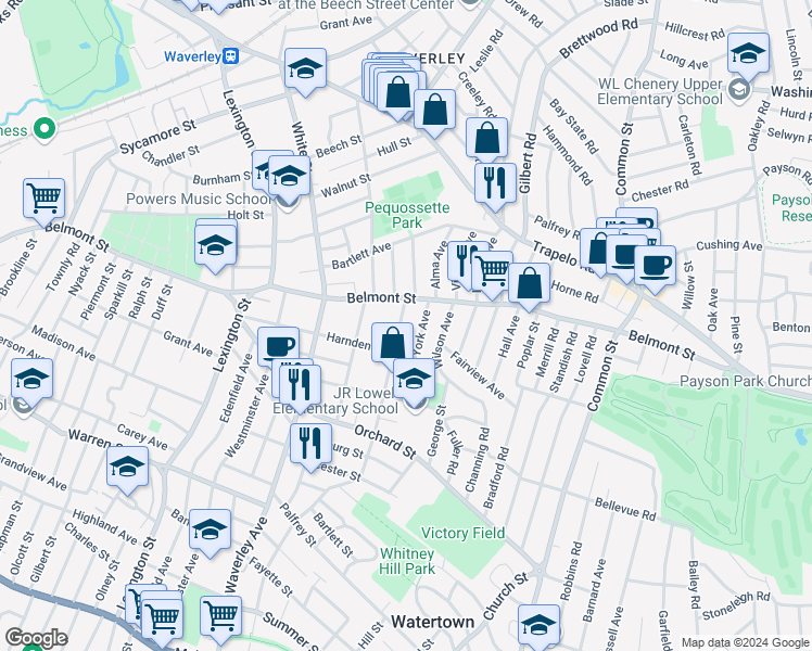 map of restaurants, bars, coffee shops, grocery stores, and more near 81 Carroll Street in Watertown