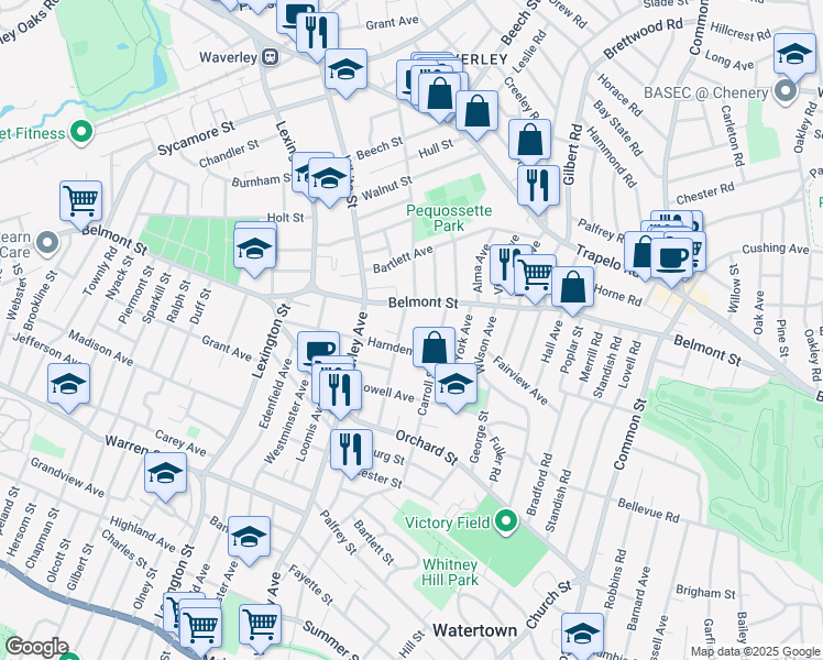 map of restaurants, bars, coffee shops, grocery stores, and more near 73 Hovey Street in Watertown