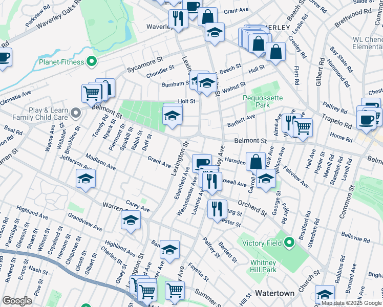 map of restaurants, bars, coffee shops, grocery stores, and more near 13 Harnden Avenue in Watertown