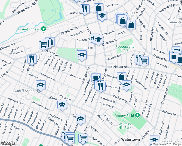 map of restaurants, bars, coffee shops, grocery stores, and more near 13 Harnden Avenue in Watertown