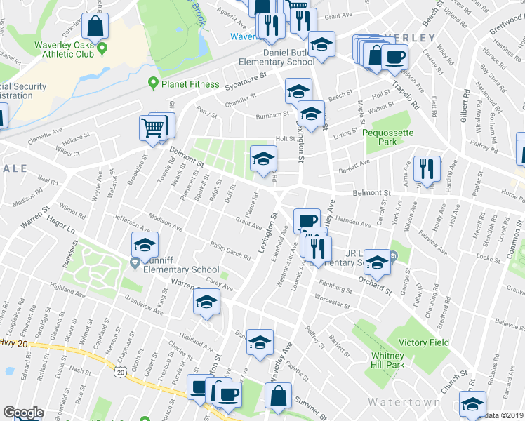 map of restaurants, bars, coffee shops, grocery stores, and more near 44 Pierce Road in Watertown