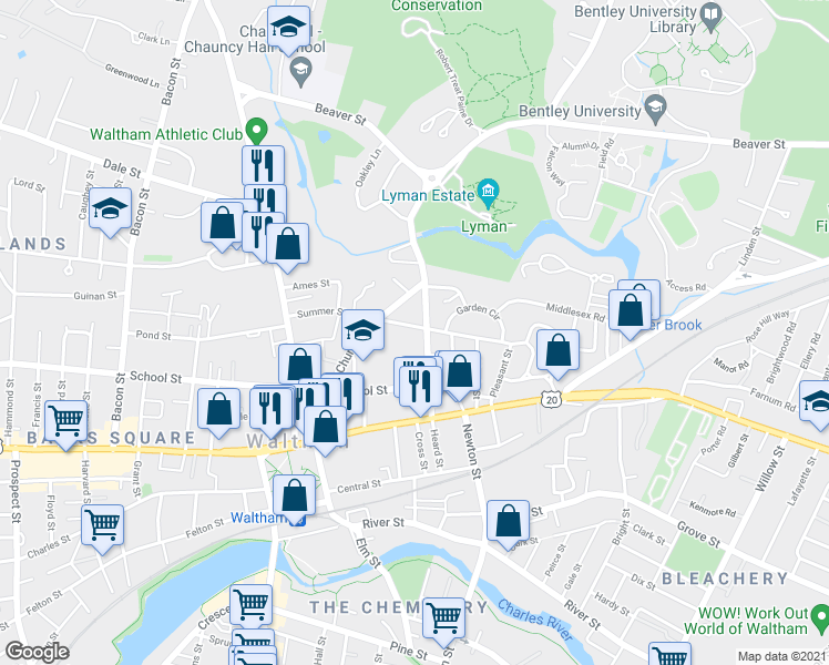 map of restaurants, bars, coffee shops, grocery stores, and more near 67 Lyman Street in Waltham