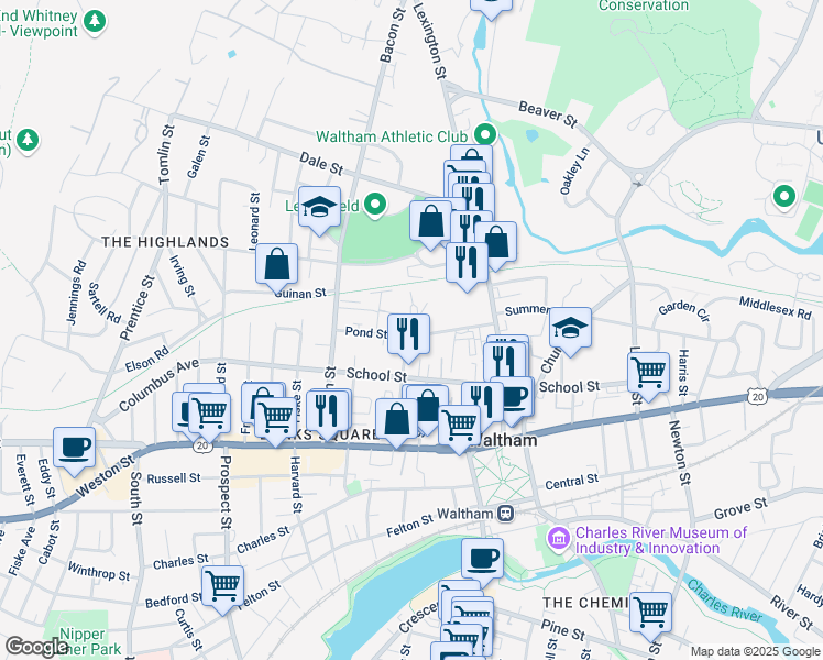map of restaurants, bars, coffee shops, grocery stores, and more near 73 Pond Street in Waltham