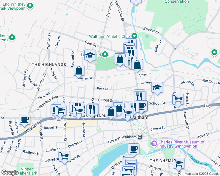 map of restaurants, bars, coffee shops, grocery stores, and more near 73 Pond Street in Waltham