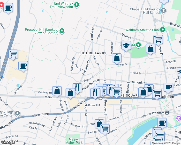 map of restaurants, bars, coffee shops, grocery stores, and more near 70 Elson Road in Waltham