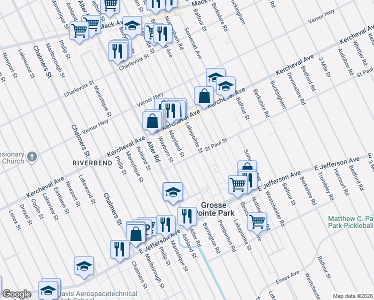 map of restaurants, bars, coffee shops, grocery stores, and more near 1106 Maryland Street in Grosse Pointe