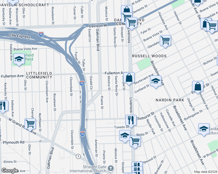 map of restaurants, bars, coffee shops, grocery stores, and more near 12318 Monica Street in Detroit