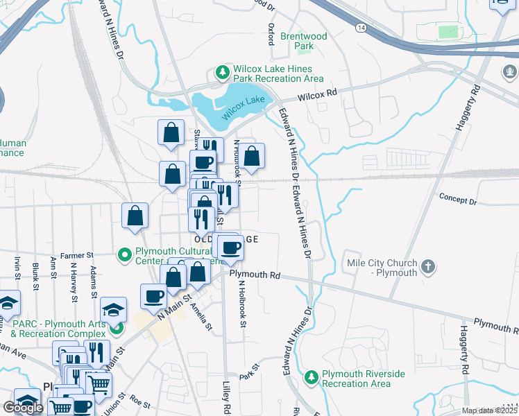 map of restaurants, bars, coffee shops, grocery stores, and more near 291 East Liberty Street in Plymouth