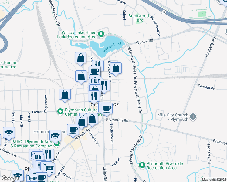 map of restaurants, bars, coffee shops, grocery stores, and more near 291 East Liberty Street in Plymouth