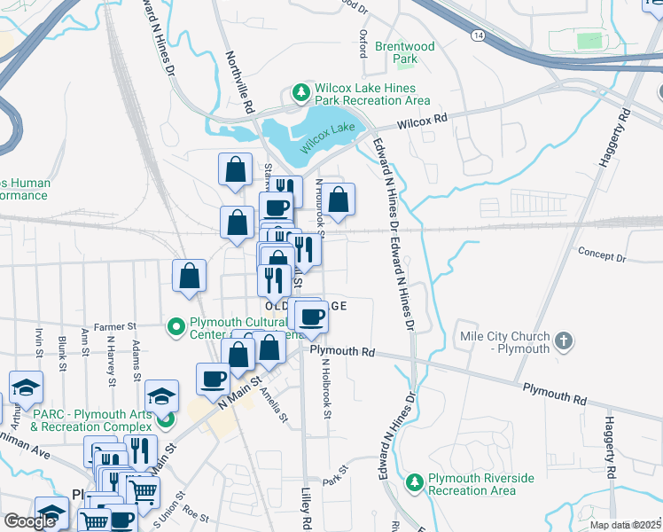 map of restaurants, bars, coffee shops, grocery stores, and more near 291 East Liberty Street in Plymouth