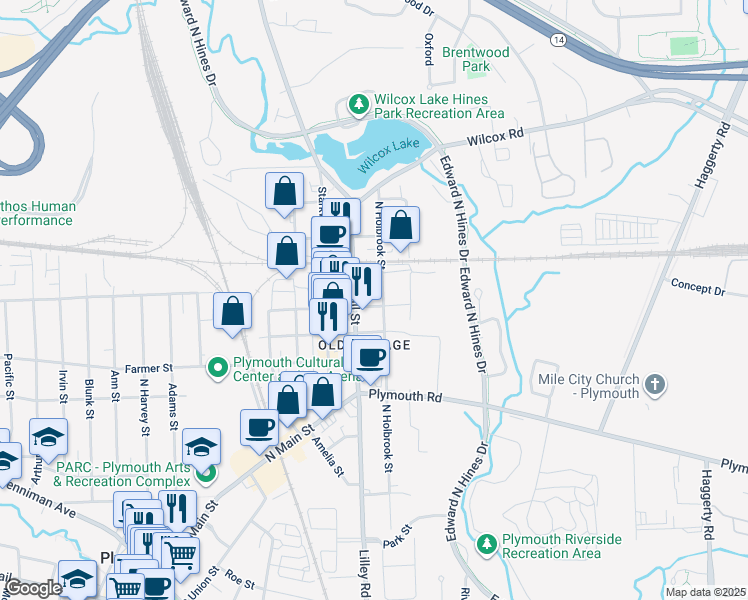 map of restaurants, bars, coffee shops, grocery stores, and more near 707 North Holbrook Street in Plymouth