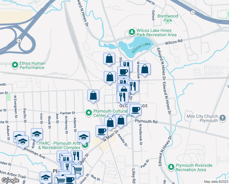 map of restaurants, bars, coffee shops, grocery stores, and more near 272 West Liberty Street in Plymouth