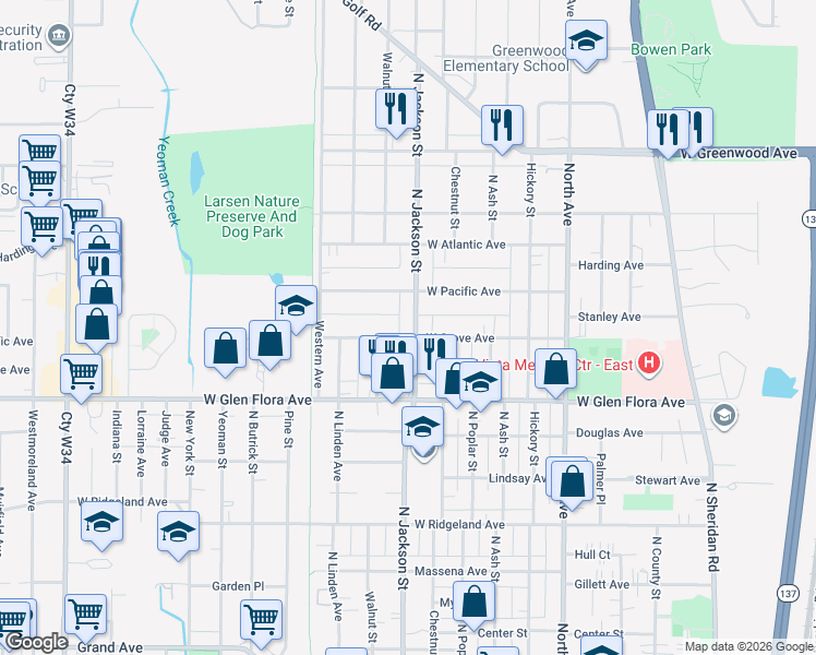 map of restaurants, bars, coffee shops, grocery stores, and more near 1401 North Jackson Street in Waukegan
