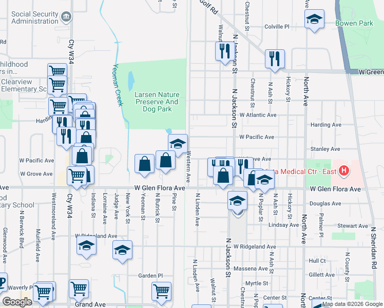 map of restaurants, bars, coffee shops, grocery stores, and more near 1200 West Glen Flora Avenue in Waukegan