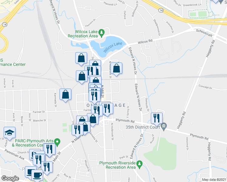 map of restaurants, bars, coffee shops, grocery stores, and more near 241 East Liberty Street in Plymouth