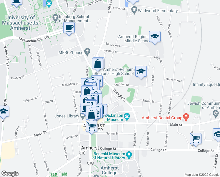 map of restaurants, bars, coffee shops, grocery stores, and more near 196 Triangle Street in Amherst