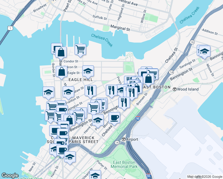 map of restaurants, bars, coffee shops, grocery stores, and more near 199 Lexington Street in Boston