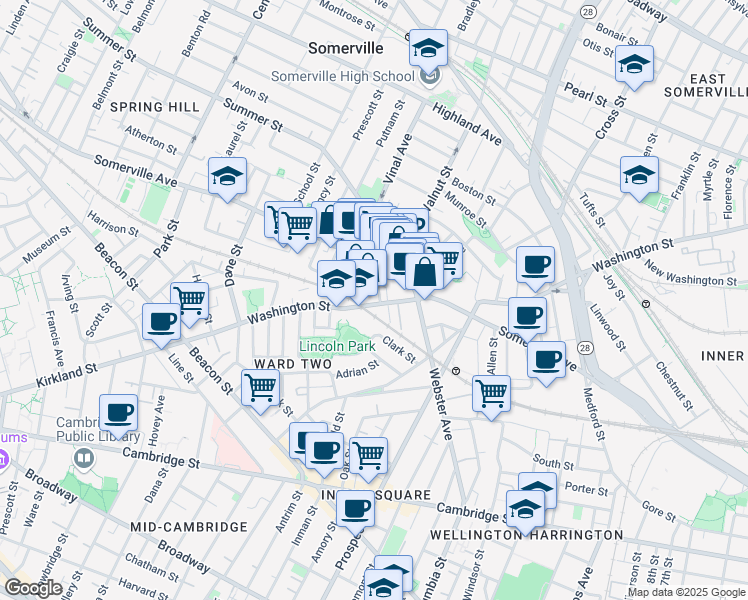 map of restaurants, bars, coffee shops, grocery stores, and more near 285 Washington Street in Somerville
