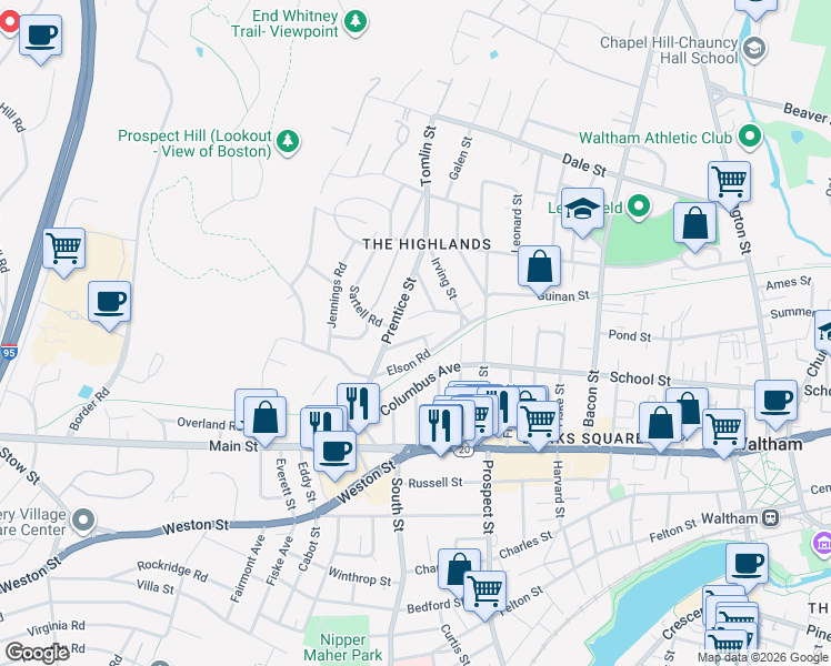 map of restaurants, bars, coffee shops, grocery stores, and more near 16 Sterling Road in Waltham