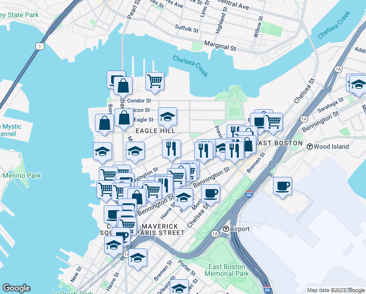 map of restaurants, bars, coffee shops, grocery stores, and more near 139 Trenton Street in Boston
