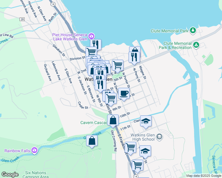 map of restaurants, bars, coffee shops, grocery stores, and more near 112 6th Street in Watkins Glen