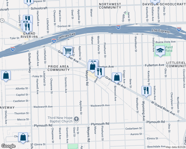 map of restaurants, bars, coffee shops, grocery stores, and more near 12555 Grand River Avenue in Detroit