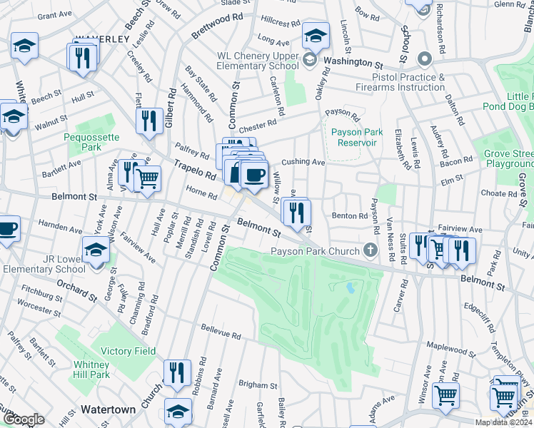 map of restaurants, bars, coffee shops, grocery stores, and more near 48 Trapelo Road in Belmont