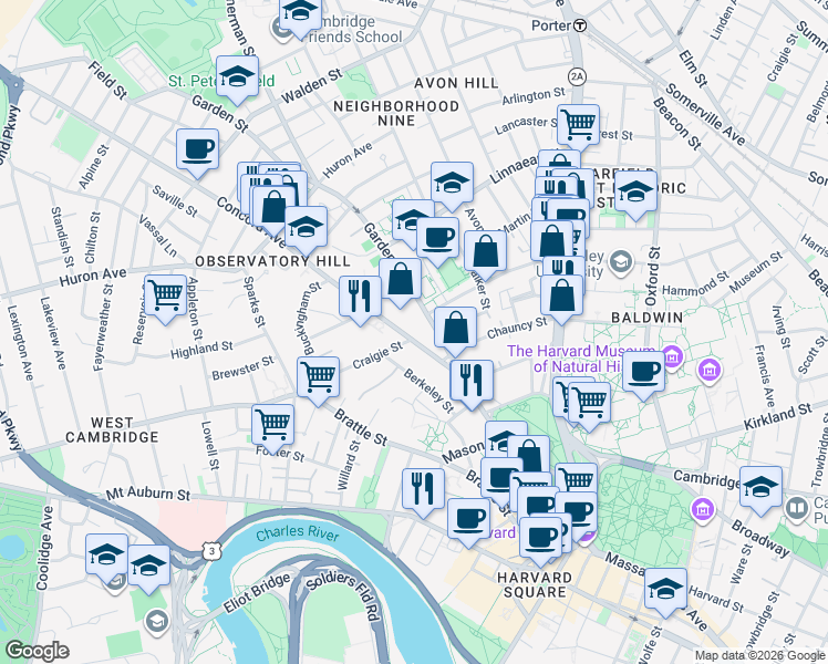 map of restaurants, bars, coffee shops, grocery stores, and more near 29 Concord Avenue in Cambridge