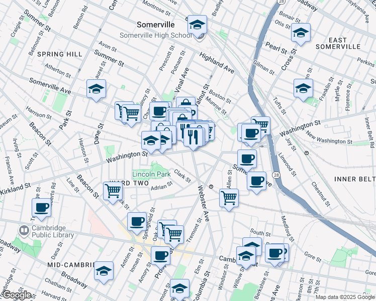 map of restaurants, bars, coffee shops, grocery stores, and more near in Somerville