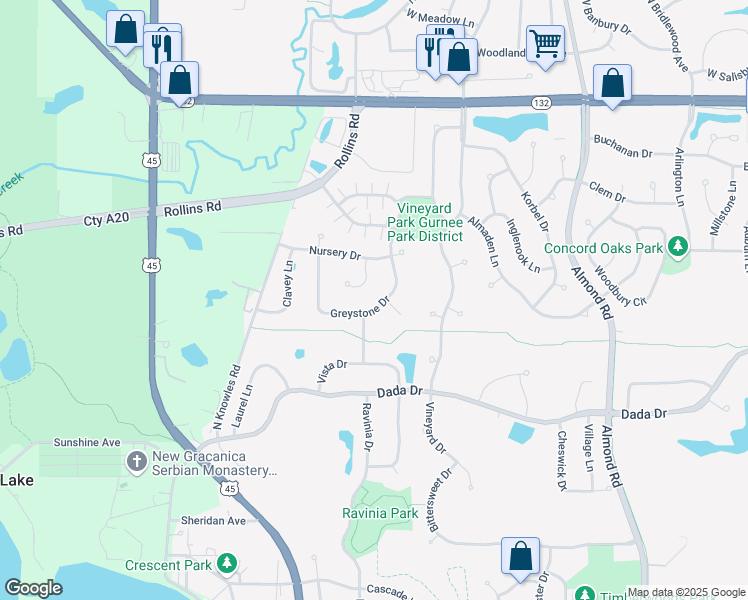 map of restaurants, bars, coffee shops, grocery stores, and more near 1475 Greystone Drive in Gurnee