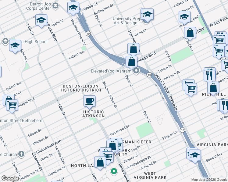 map of restaurants, bars, coffee shops, grocery stores, and more near 1534 Edison Street in Detroit