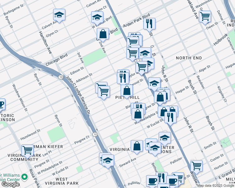 map of restaurants, bars, coffee shops, grocery stores, and more near 671 Hazelwood Street in Detroit