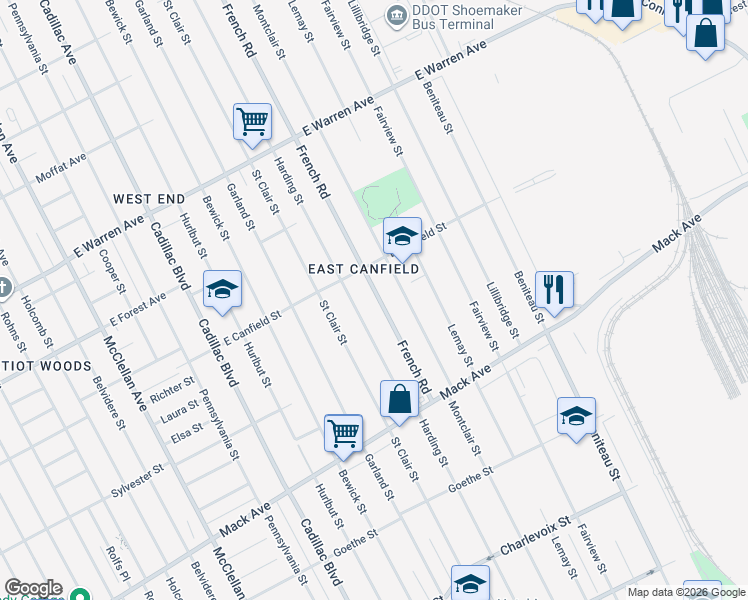 map of restaurants, bars, coffee shops, grocery stores, and more near 3972 Harding Street in Detroit