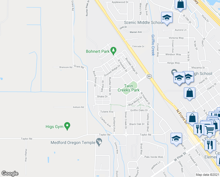 map of restaurants, bars, coffee shops, grocery stores, and more near Rustler Peak Street & Twin Creeks Crossing in Central Point