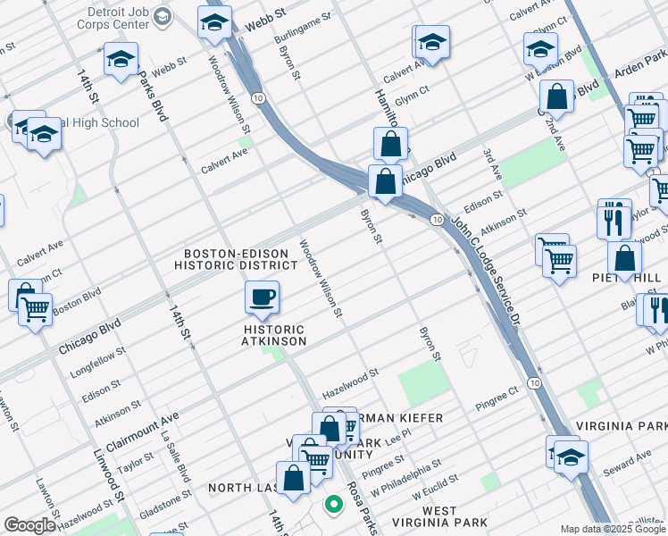 map of restaurants, bars, coffee shops, grocery stores, and more near 1534 Edison St in Detroit
