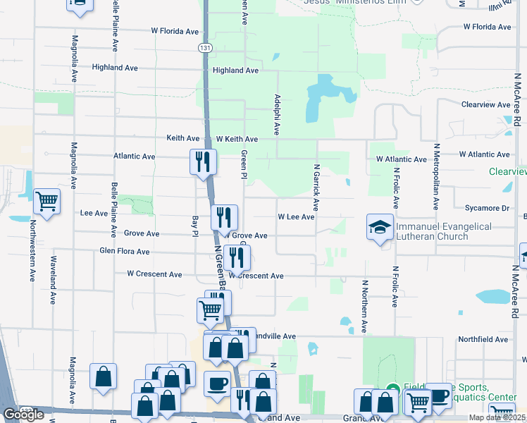 map of restaurants, bars, coffee shops, grocery stores, and more near 12788 West Lee Avenue in Waukegan