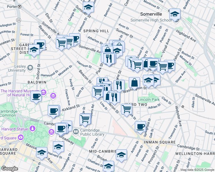 map of restaurants, bars, coffee shops, grocery stores, and more near 7 Durham Street in Somerville
