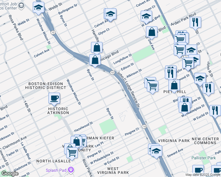 map of restaurants, bars, coffee shops, grocery stores, and more near 1181 Atkinson Street in Detroit