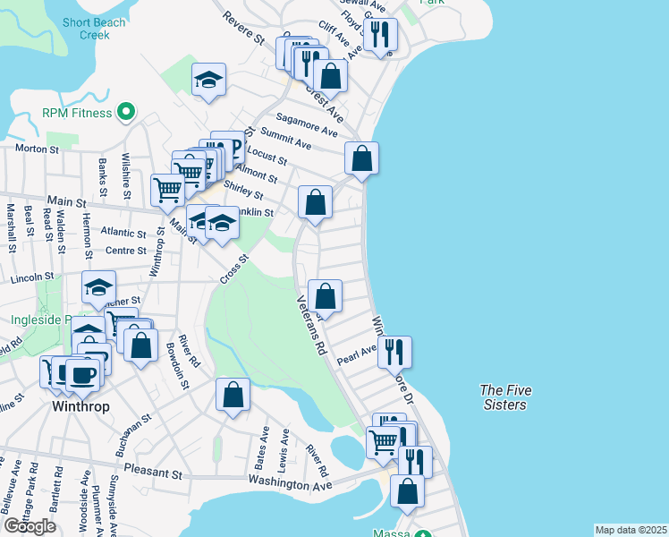 map of restaurants, bars, coffee shops, grocery stores, and more near 19 Mermaid Avenue in Winthrop