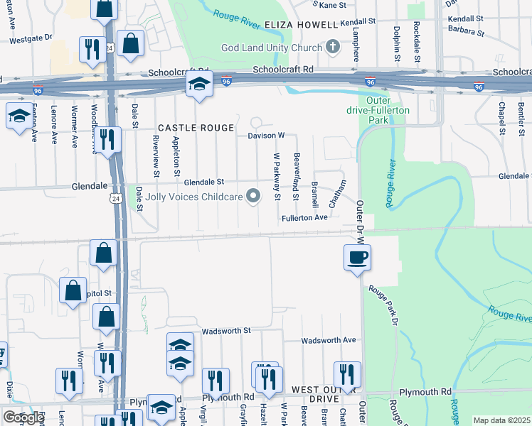 map of restaurants, bars, coffee shops, grocery stores, and more near 12631 West Parkway Street in Detroit