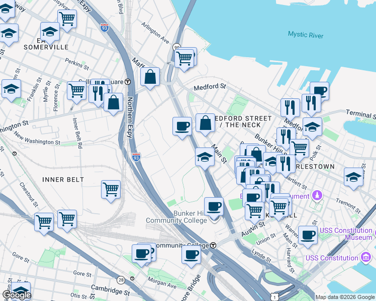 map of restaurants, bars, coffee shops, grocery stores, and more near 420 Rutherford Avenue in Boston