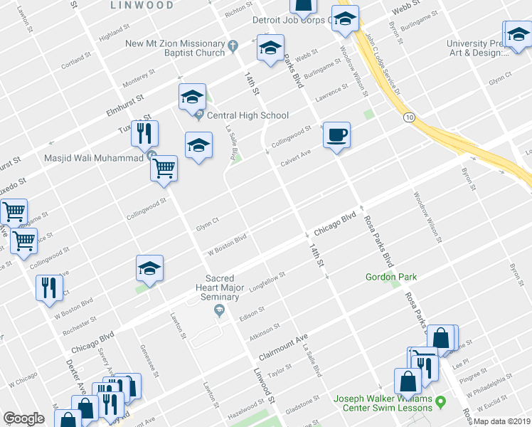 map of restaurants, bars, coffee shops, grocery stores, and more near 2284 West Boston Boulevard in Detroit