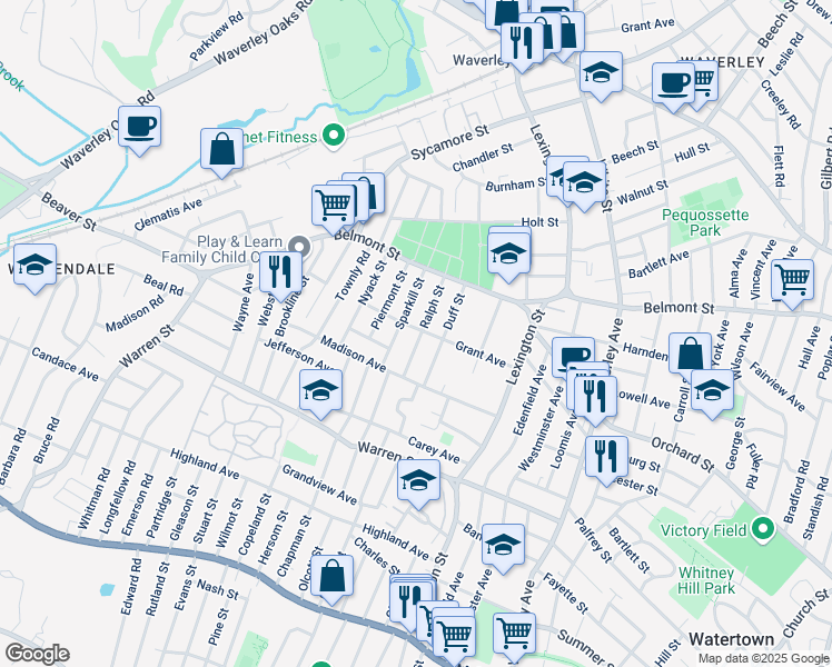 map of restaurants, bars, coffee shops, grocery stores, and more near 54 Ralph Street in Watertown