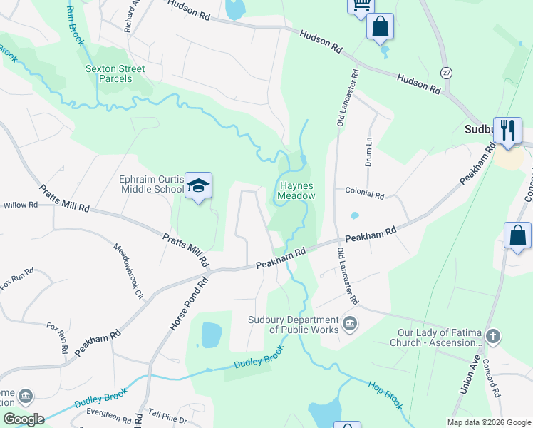 map of restaurants, bars, coffee shops, grocery stores, and more near 83 Blueberry Hill Lane in Sudbury