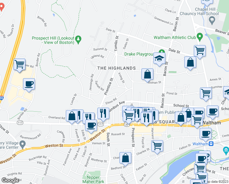 map of restaurants, bars, coffee shops, grocery stores, and more near 38 Sterling Road in Waltham