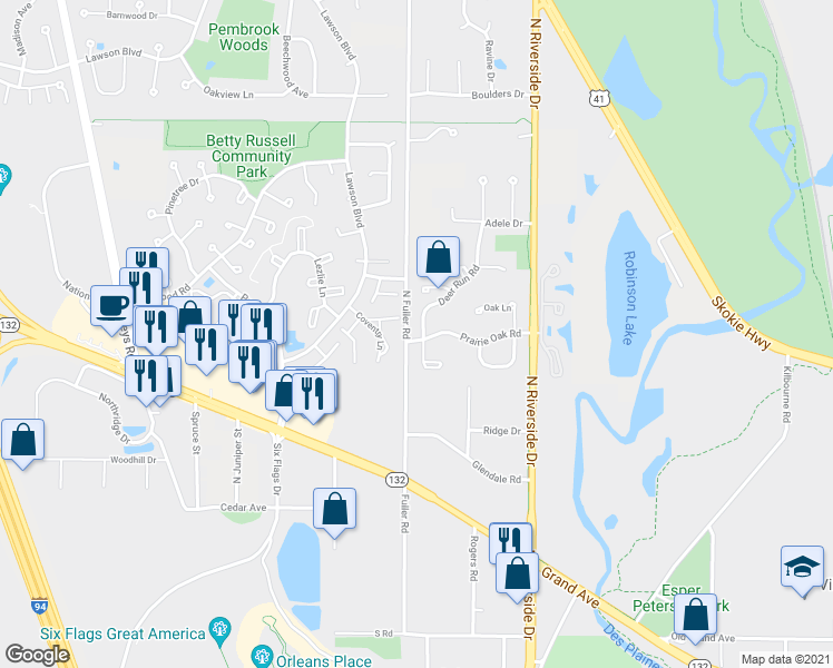 map of restaurants, bars, coffee shops, grocery stores, and more near 5090 Prairie Oak Road in Gurnee